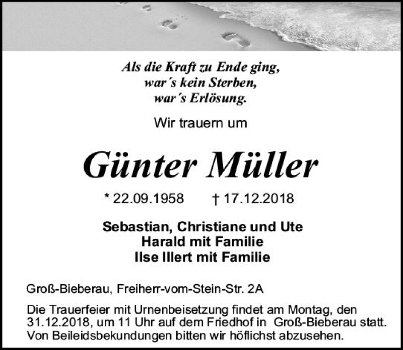  Traueranzeige für Günter Müller vom 29.12.2018 aus vrm-trauer
