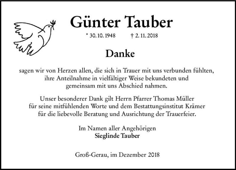  Traueranzeige für Günter Tauber vom 01.12.2018 aus vrm-trauer
