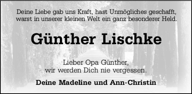  Traueranzeige für Günther Lischke vom 29.12.2018 aus  Kreisanzeiger