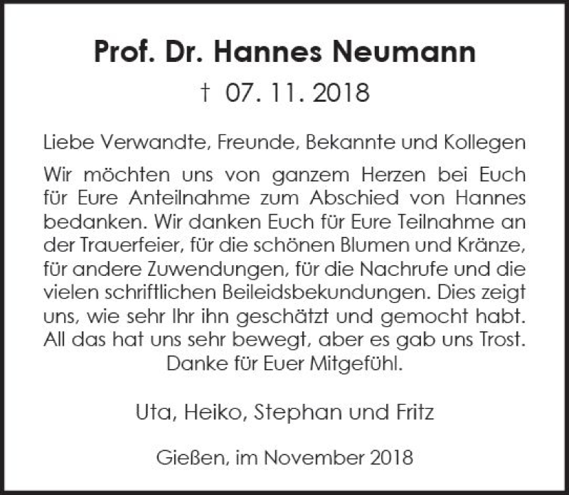  Traueranzeige für Hannes Neumann vom 01.12.2018 aus  Gießener Anzeiger