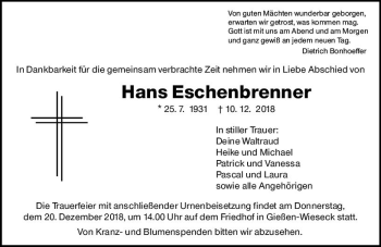 Traueranzeige von Hans Eschenbrenner von  Gießener Anzeiger