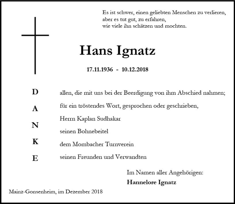  Traueranzeige für Hans Ignatz vom 29.12.2018 aus vrm-trauer