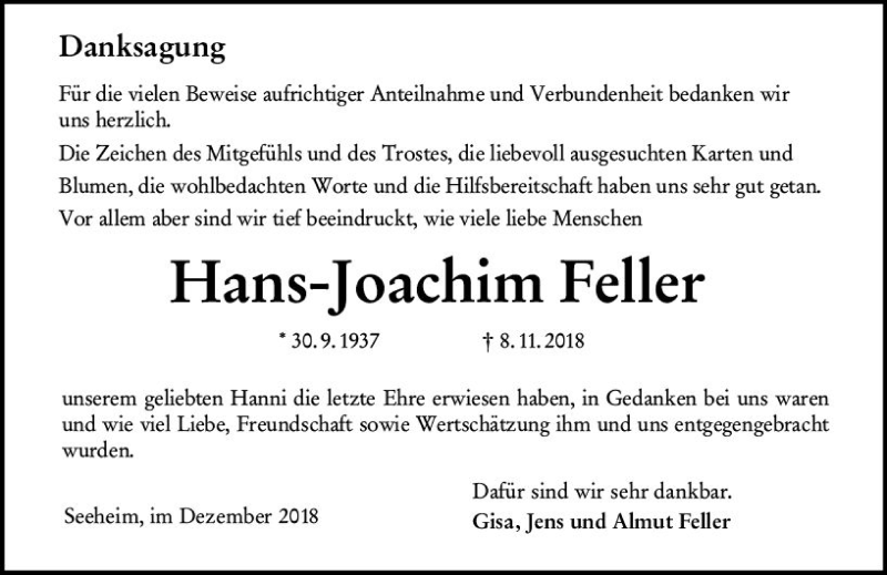  Traueranzeige für Hans-Joachim Feller vom 08.12.2018 aus vrm-trauer