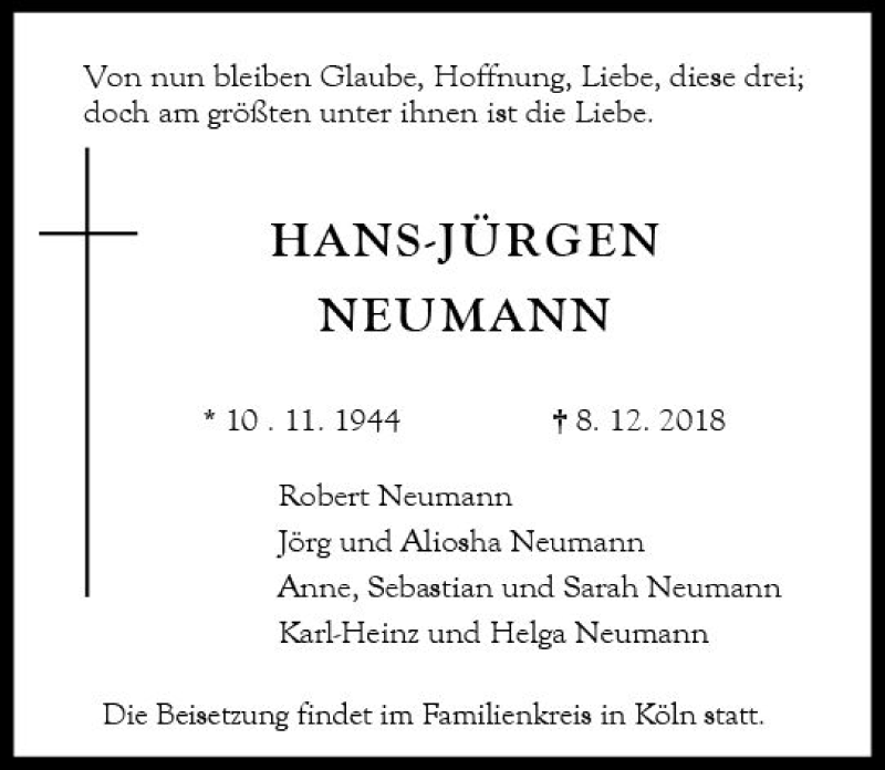  Traueranzeige für Hans-Jürgen Neumann vom 15.12.2018 aus vrm-trauer