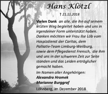 Traueranzeige von Hans Kötzl von  WT - Weilburger Tageblatt ()