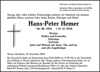 Traueranzeige von Hans-Peter Hemer von vrm-trauer