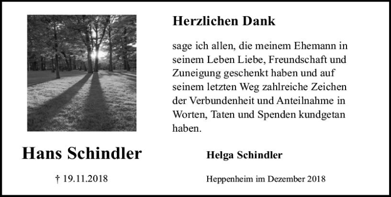  Traueranzeige für Hans Schindler vom 08.12.2018 aus vrm-trauer