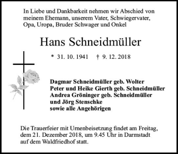 Traueranzeige von Hans Schneidmüller von vrm-trauer