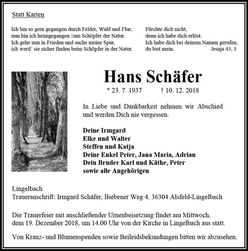  Traueranzeige für Hans Schäfer vom 15.12.2018 aus VRM Trauer