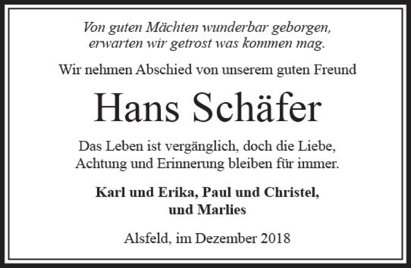  Traueranzeige für Hans Schäfer vom 15.12.2018 aus VRM Trauer