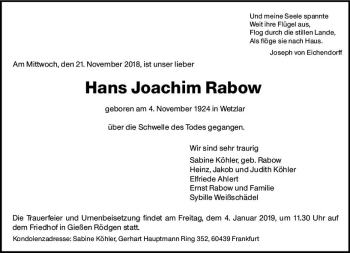 Traueranzeige von Hans Joachim Rabow von  Gießener Anzeiger