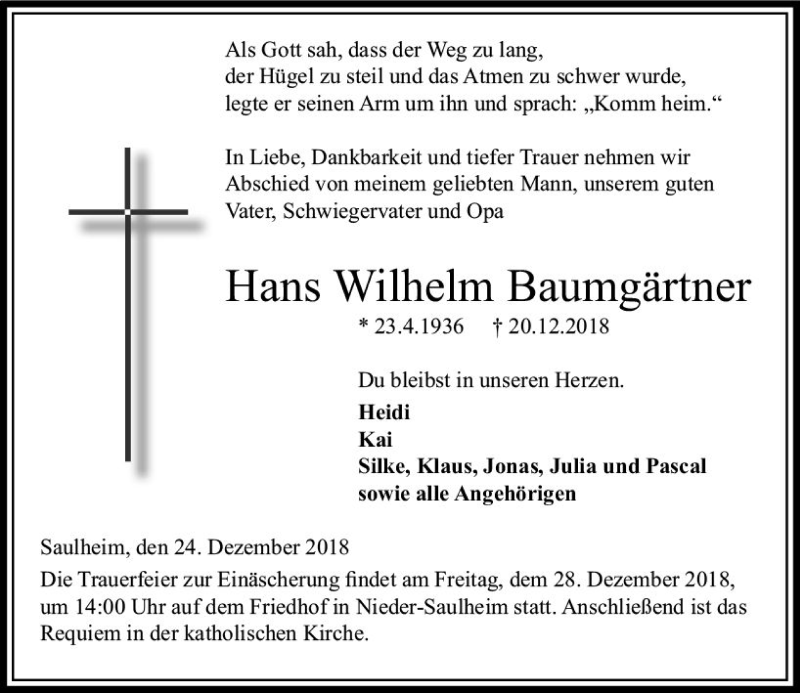  Traueranzeige für Hans Wilhelm Baumgärtner vom 24.12.2018 aus vrm-trauer