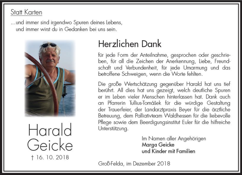  Traueranzeige für Harald Geicke vom 15.12.2018 aus VRM Trauer