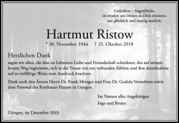 Traueranzeige von Hartmut Ristow von  Usinger Anzeiger