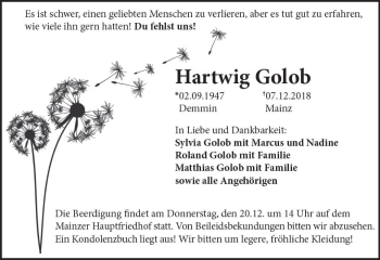 Traueranzeige von Hartwig Golob von vrm-trauer