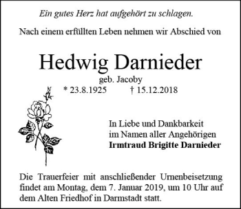 Traueranzeige von Hedwig Darnieder von vrm-trauer