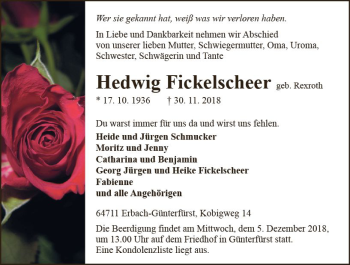 Traueranzeige von Hedwig Fickelscheer von vrm-trauer