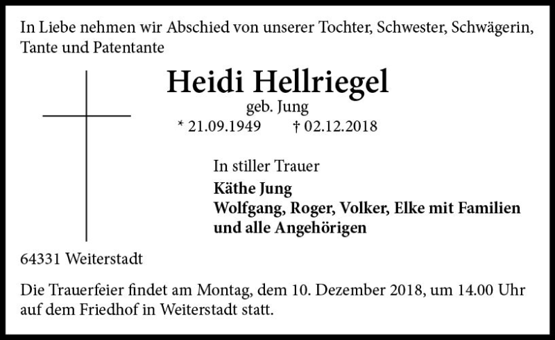 Traueranzeige für Heidi Hellriegel vom 08.12.2018 aus vrm-trauer