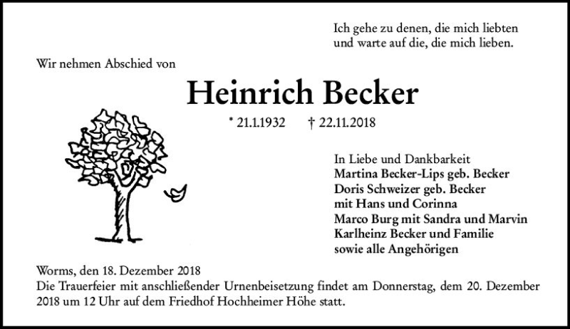  Traueranzeige für Heinrich Becker vom 18.12.2018 aus vrm-trauer