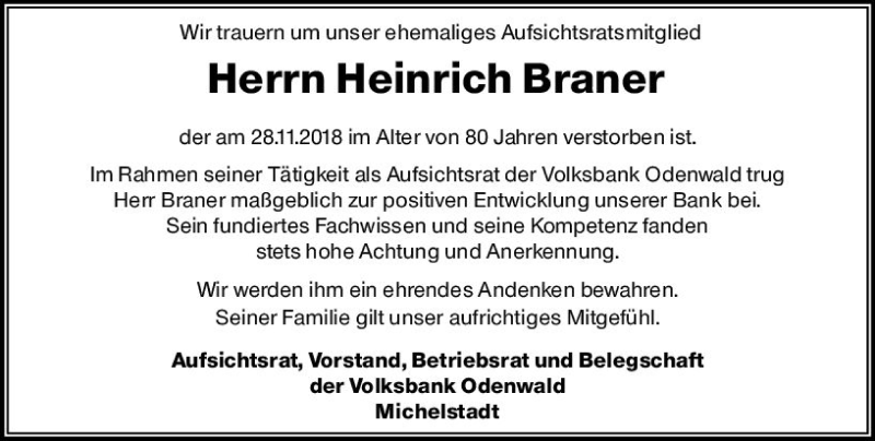  Traueranzeige für Heinrich Braner vom 10.12.2018 aus vrm-trauer