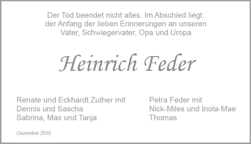  Traueranzeige für Heinrich Feder vom 22.12.2018 aus vrm-trauer