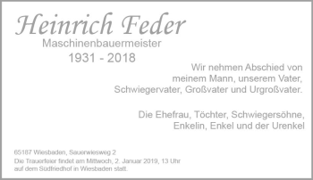 Traueranzeige von Heinrich Feder von vrm-trauer