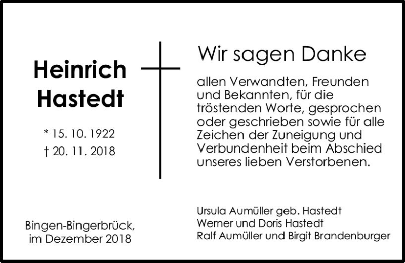  Traueranzeige für Heinrich Hastedt vom 15.12.2018 aus vrm-trauer