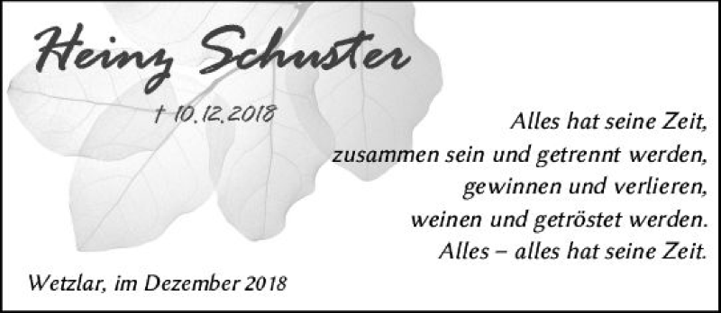  Traueranzeige für Heiny Schuster vom 15.12.2018 aus  WNZ - Wetzlarer Neue Zeitung ()