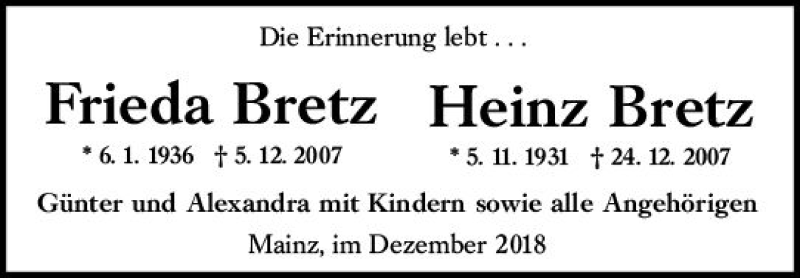  Traueranzeige für Heinz Bretz vom 15.12.2018 aus vrm-trauer