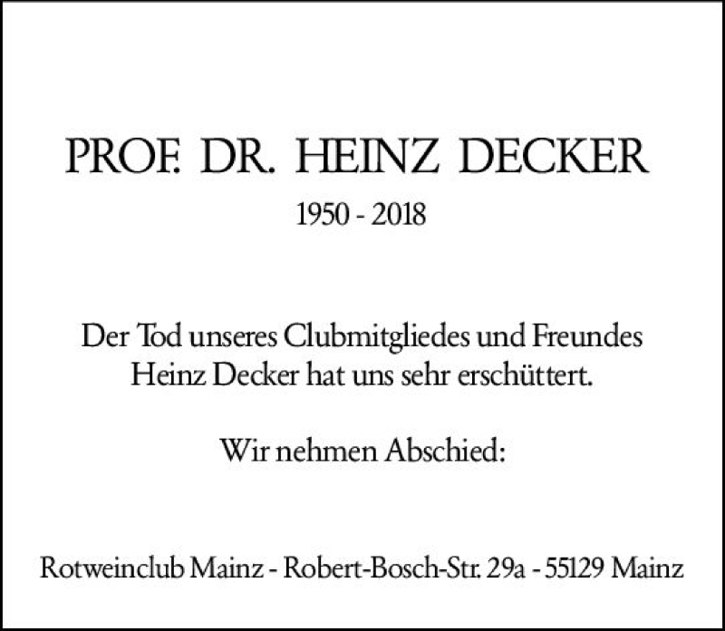  Traueranzeige für Heinz Decker vom 22.12.2018 aus vrm-trauer