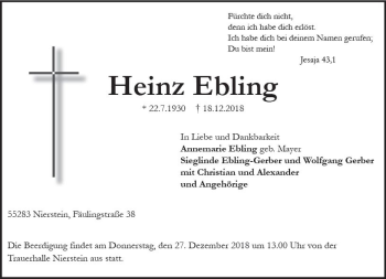 Traueranzeige von Heinz Ebling von vrm-trauer