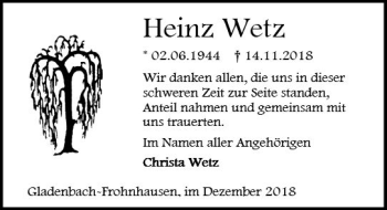 Traueranzeige von Heinz Wetz von  HA - Hinterländer Anzeiger ()