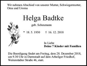 Traueranzeige von Helga Badtke von vrm-trauer