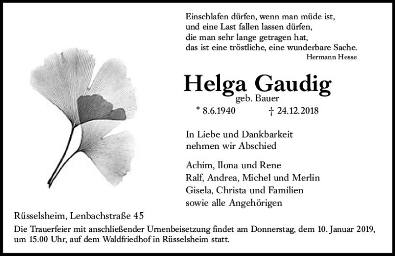  Traueranzeige für Helga Gaudig vom 29.12.2018 aus vrm-trauer