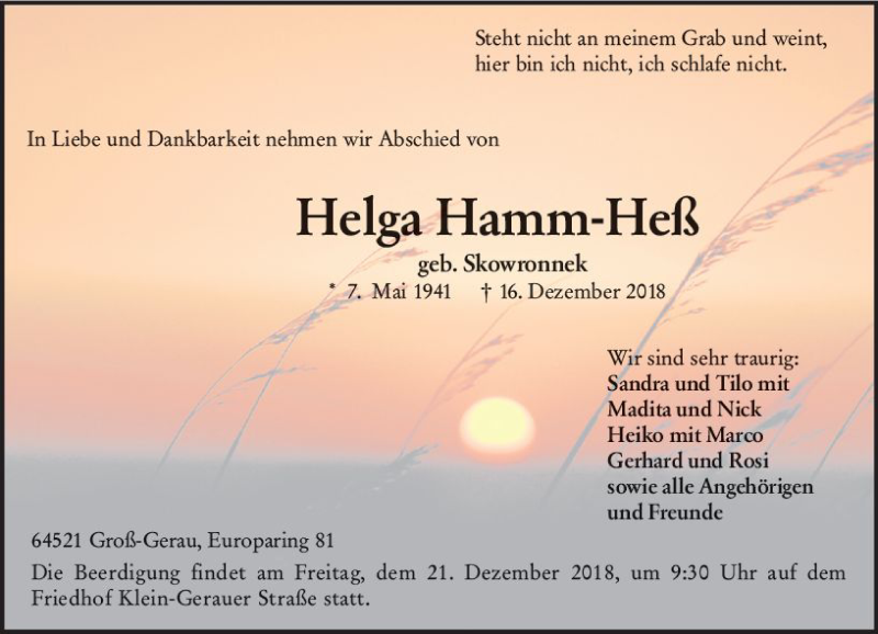  Traueranzeige für Helga Hamm-Heß vom 19.12.2018 aus vrm-trauer