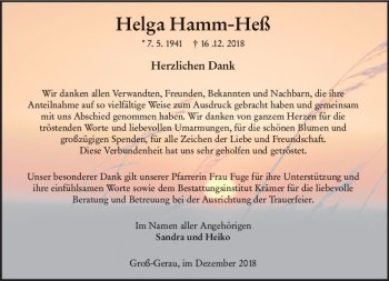 Traueranzeige von Helga Hamm-Heß von vrm-trauer