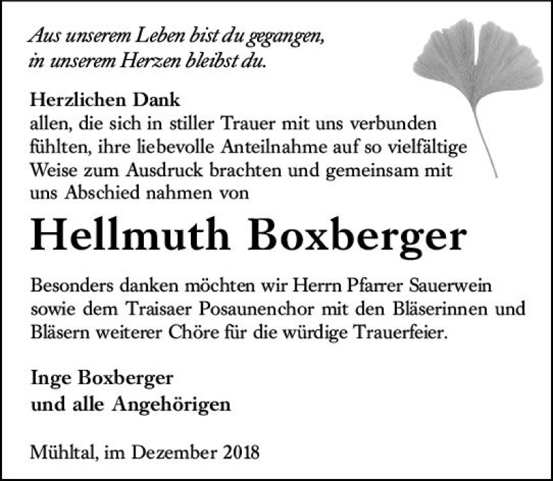  Traueranzeige für Hellmuth Boxberger vom 15.12.2018 aus vrm-trauer