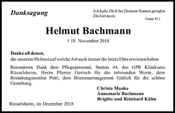 Traueranzeige von Helmut Bachmann von vrm-trauer