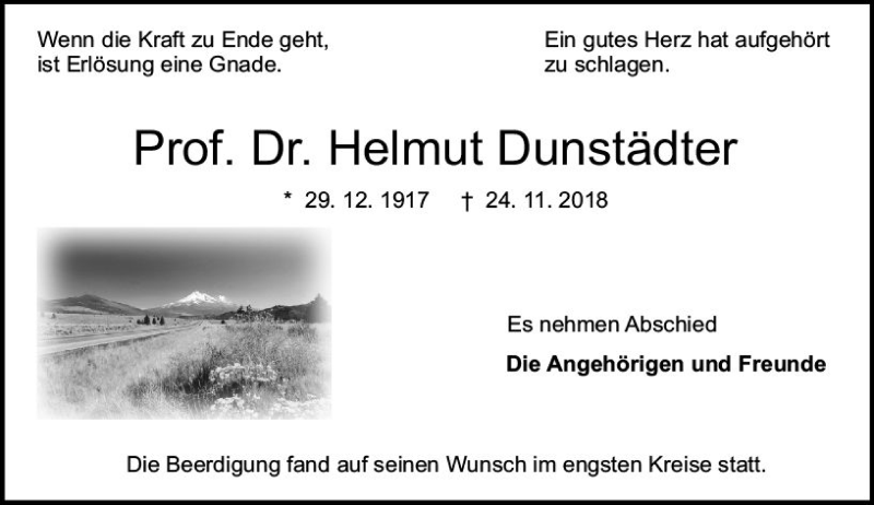  Traueranzeige für Helmut Dunstädter vom 08.12.2018 aus vrm-trauer