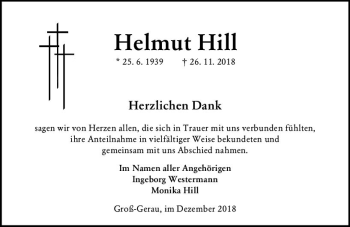 Traueranzeige von Helmut Hill von vrm-trauer