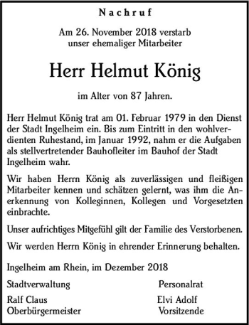 Traueranzeige von Helmut König von vrm-trauer
