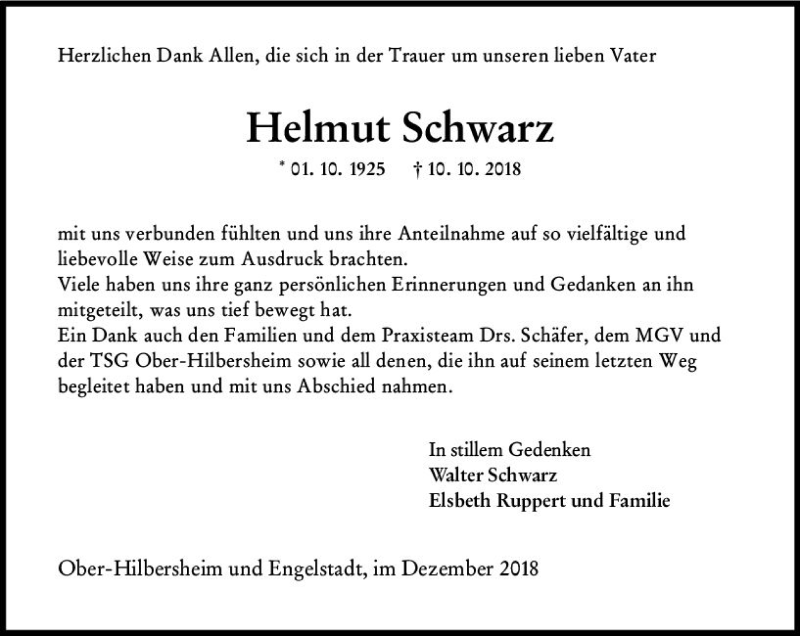  Traueranzeige für Helmut Schwarz vom 08.12.2018 aus vrm-trauer
