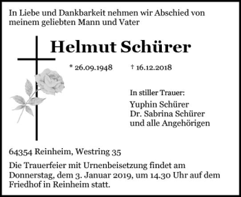 Traueranzeige von Helmut Schürer von vrm-trauer