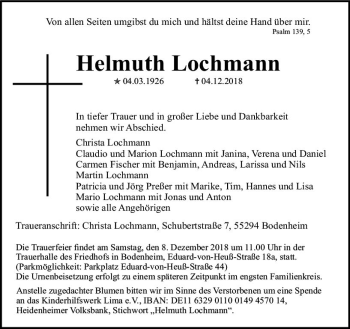 Traueranzeige von Helmuth Lochmann von vrm-trauer