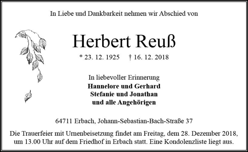  Traueranzeige für Herbert Reuß vom 22.12.2018 aus vrm-trauer
