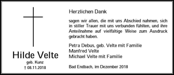 Traueranzeige von Hilde Velte von  HA - Hinterländer Anzeiger ()