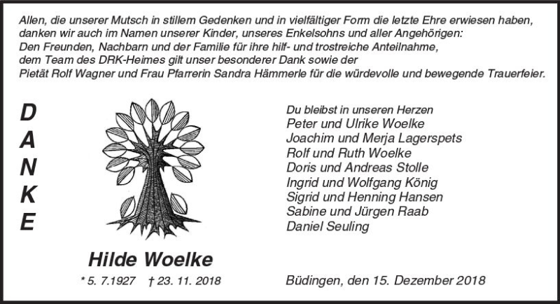  Traueranzeige für Hilde Woelke vom 15.12.2018 aus  Kreisanzeiger