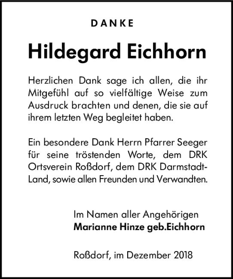  Traueranzeige für Hildegard Eichhorn vom 22.12.2018 aus vrm-trauer