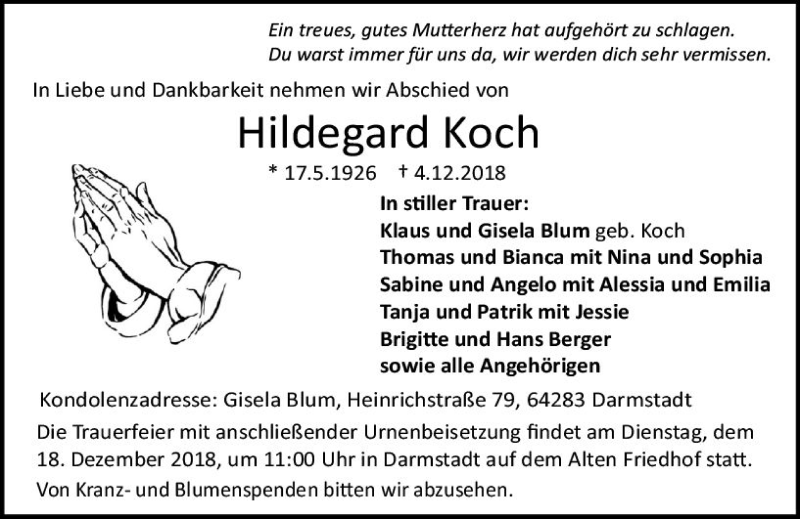 Traueranzeige für Hildegard Koch vom 15.12.2018 aus vrm-trauer