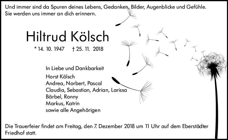  Traueranzeige für Hiltrud Kölsch vom 01.12.2018 aus vrm-trauer